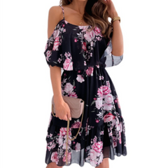 Cold Shoulder Ruffle Chiffon Beach Dress