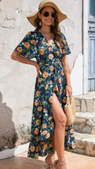 Wrap-Style Summer Floral Dress With Ruffles