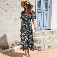 Wrap-Style Summer Floral Dress With Ruffles