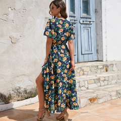 Wrap-Style Summer Floral Dress With Ruffles