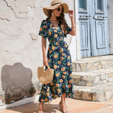 Wrap-Style Summer Floral Dress With Ruffles