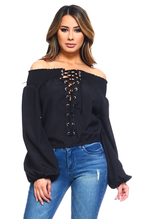 Off-Shoulder Long Sleeve Lace-Up Top