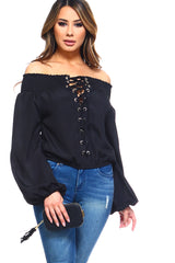 Off-Shoulder Long Sleeve Lace-Up Top