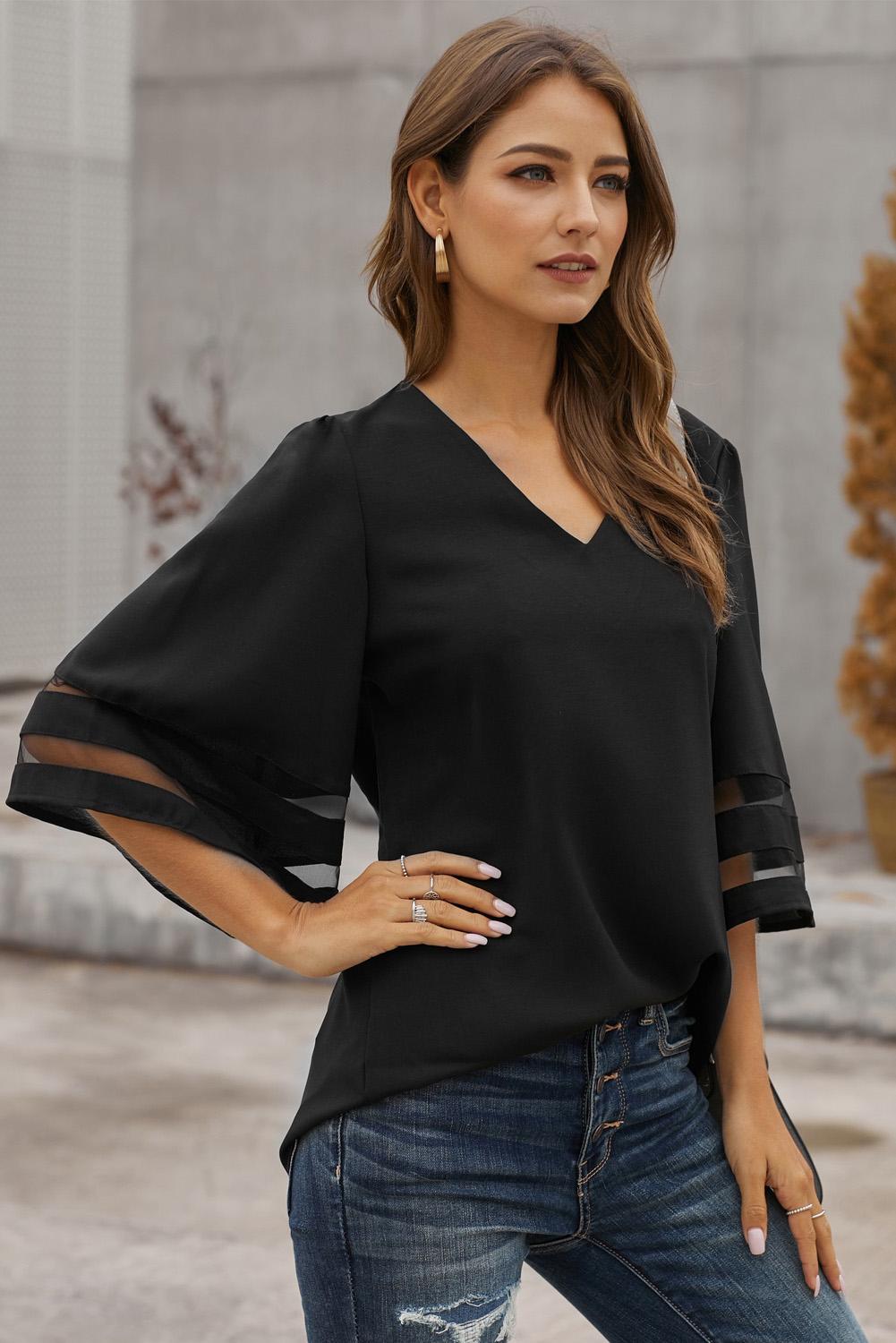 V-Neck Flare Sleeve Blouse