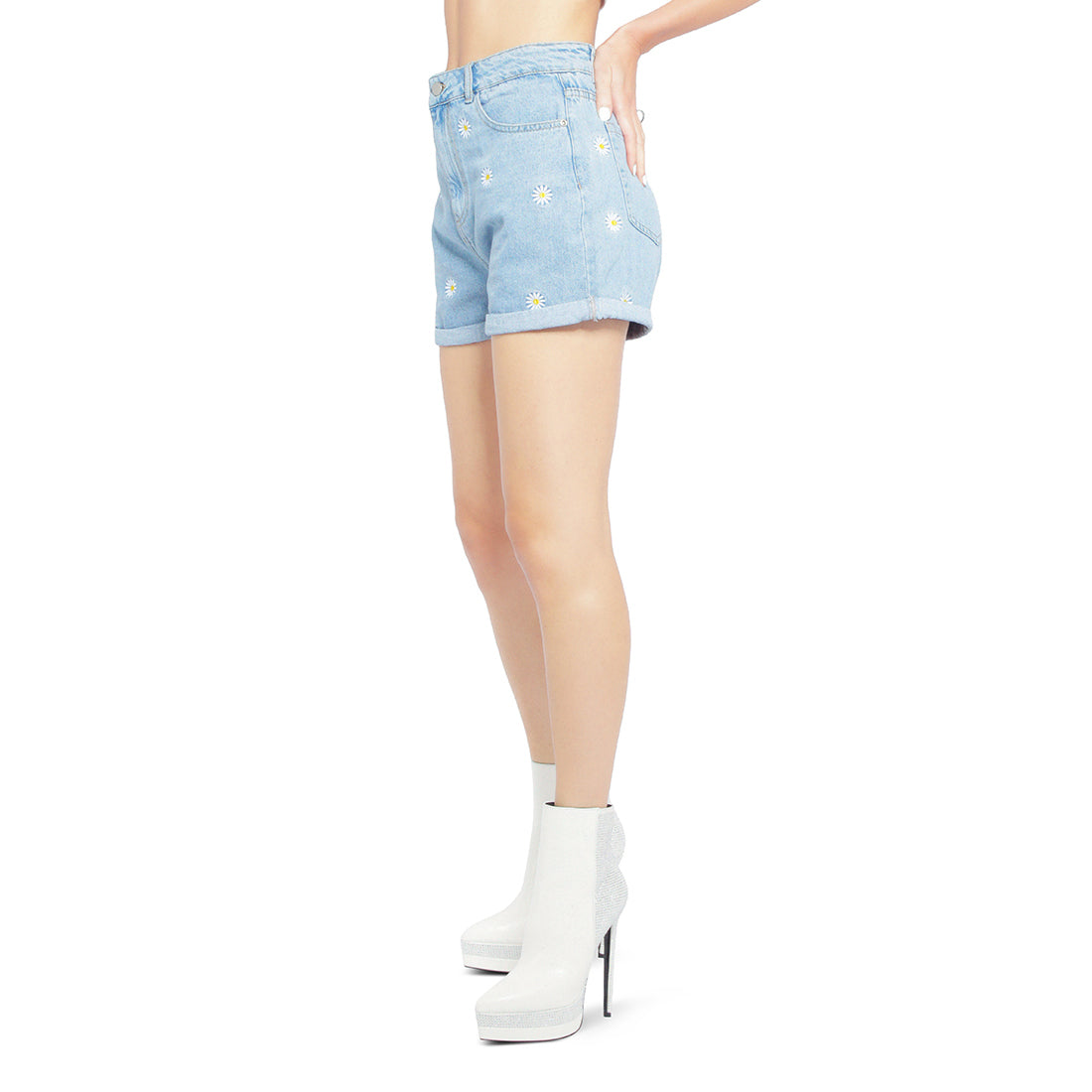 Floral Embroidered Light-Washed Denim Shorts