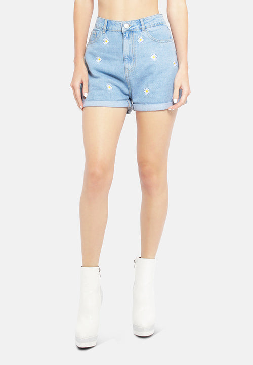 Floral Embroidered Light-Washed Denim Shorts