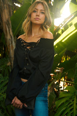 Off-Shoulder Long Sleeve Lace-Up Top
