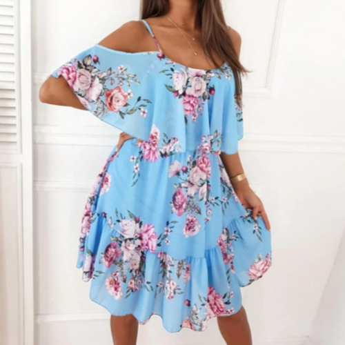 Cold Shoulder Ruffle Chiffon Beach Dress