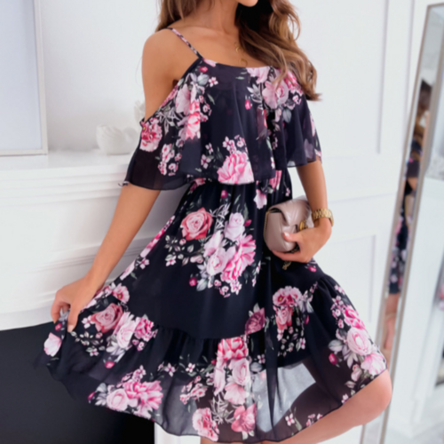 Cold Shoulder Ruffle Chiffon Beach Dress