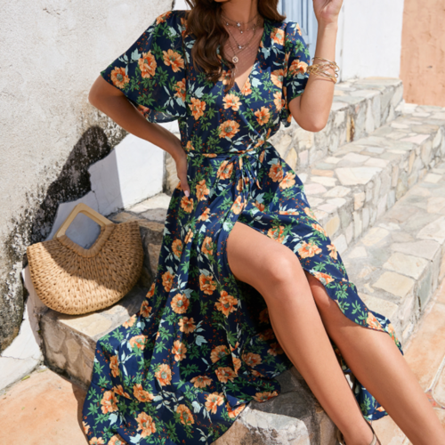 Wrap-Style Summer Floral Dress With Ruffles